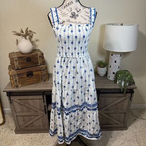 Umgee Blue/White Floral Embroidered Midi Tiered Sundress Size L Smocked Boho